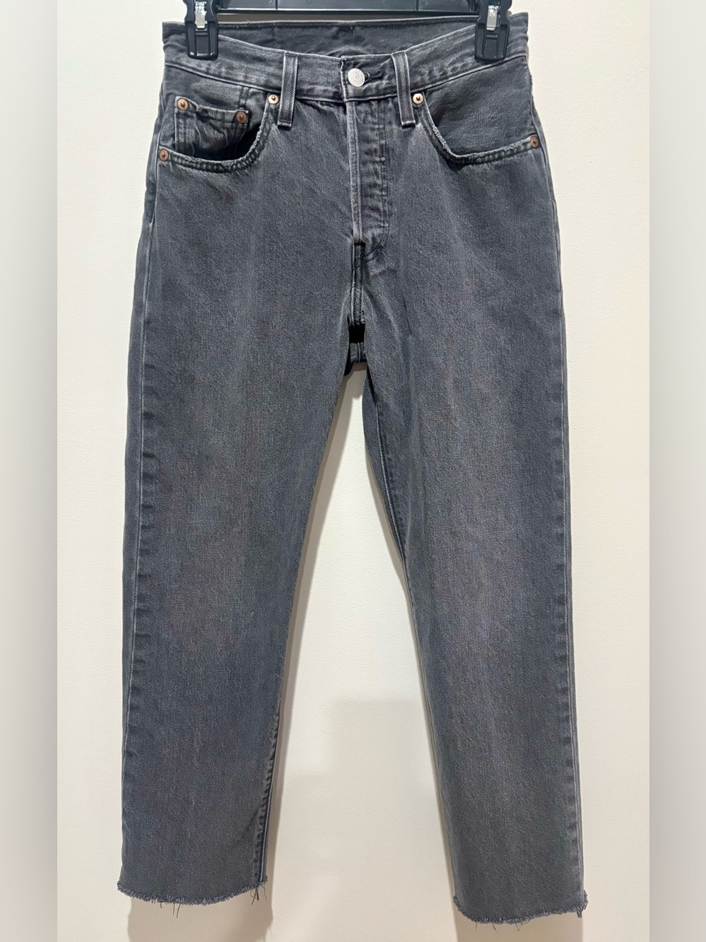Levi's 501 Crop Jeans W24 L26 Charcoal Gray Button Fly Raw Hem Straight Leg